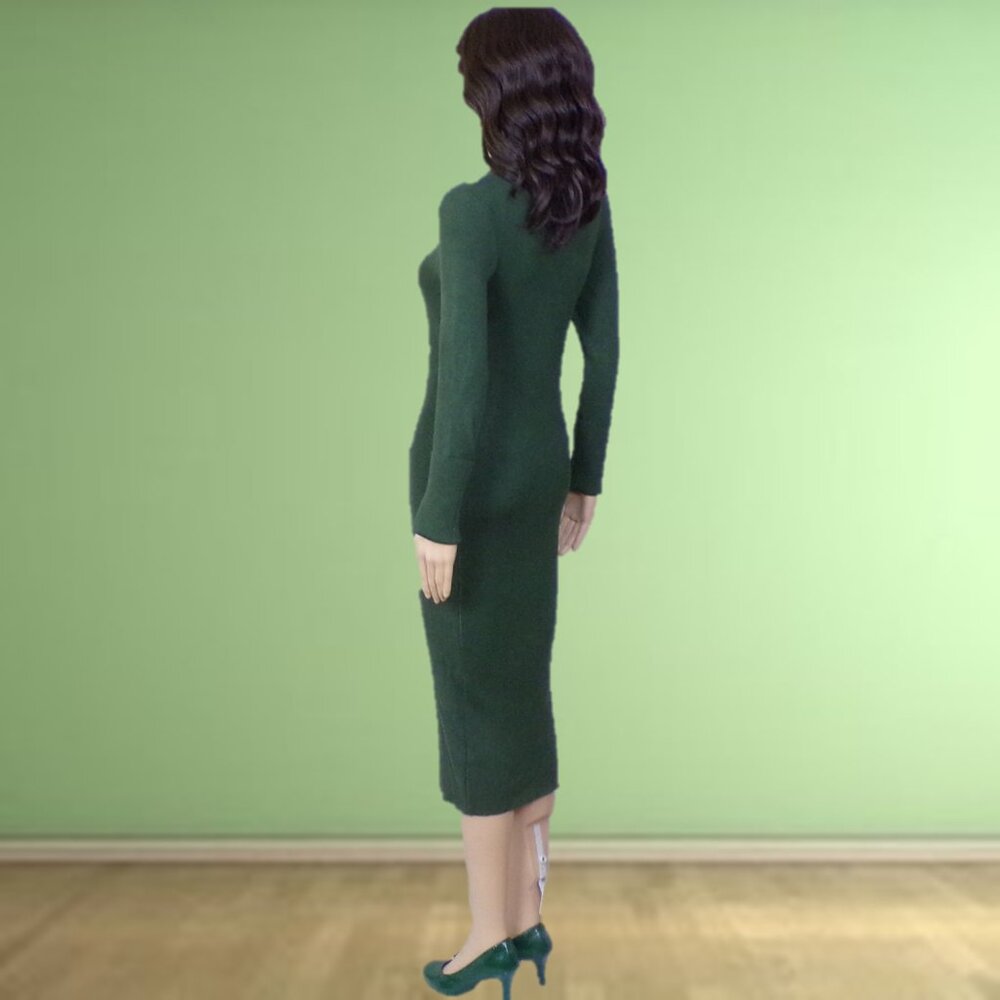 ROCOROSE size M forest-green knit bodycon long-sleeve turtleneck midi dress - Picture 6 of 13